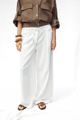 LINEN BLEND WIDE-LEG TROUSERS WITH BELT - Zara фото 3