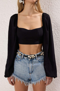 Siyah Dokuma Plaj Crop Bluz TBESS21BZ0749