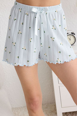 Trendyolmilla Mavi %100 Pamuklu Cicekli Pointel Ajurlu/Delikli Sortlu Orme Pijama Tak?m? THMSS25PT00082  фото 4