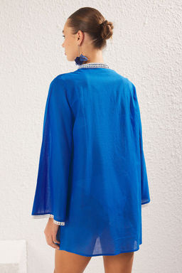 Tropikal Desenli Dokuma %100 Pamuk Plaj Mini Elbise TBESS25EL00027