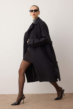 Trendyolmilla Koyu Kahverengi Oversize Genis Kesim Kemerli Uzun Yunlu Kase Kaban TWOAW22KB0015  фото 39