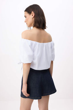 Beyaz Baglama Detayl? Carmen Yaka Dokuma Balon Bluz TWOSS26BZ00419