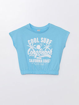 Bisiklet Yaka Bask?l? K?sa Kollu K?z ?ocuk Crop Ti??rt