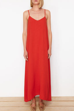 TRENDYOLMILLA Indigo Duz Kesim V Yaka Maxi Dokuma Elbise TWOSS24EL00995 фото 19