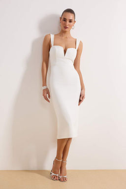 Ekru Tas Aksesuar Detayl? Dokuma Midi S?k/Gece Elbise TPRSS26EL00006