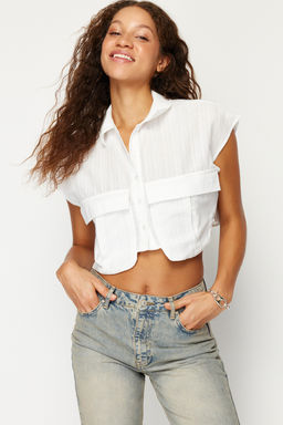 Ekru Onu Cepli Crop Regular Normal Kal?p Dokuma Gomlek TWOSS24GO00046