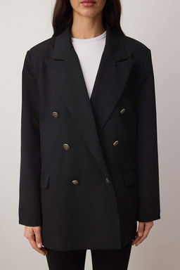 Siyah Kruvaze Kapama Dokuma Oversize Blazer Ceket TWOAW26BC00070 - Trendyolmilla фото 3