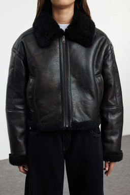 Kahverengi Oversize Kal?p Pelus Detayl? Biker Ceket Mont TWOAW25MO00032 - Trendyolmilla фото 5