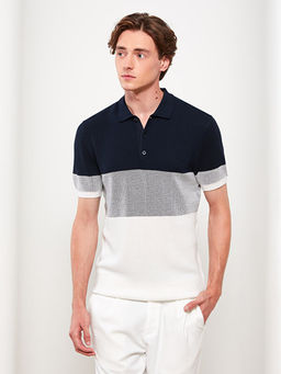 Polo Yaka K?sa Kollu Renk Bloklu Erkek Triko Kazak