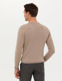 Базовый трикотажный свитер светло-коричневого цвета с круглым вырезом приталенного кроя - Cacharel фото 5