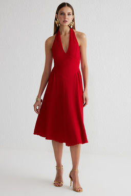 TRENDYOLMILLA Kahverengi A-Kesim V Yaka Dokuma Detayl? Burumcuk Orme S?k Elbise TPRSS25EL00086 фото 6