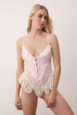 Beyaz-Pembe Dantel ve Saten Birliktelikli F?rf?rl? Kaps?z Fantezi Body THMAW26BD00003