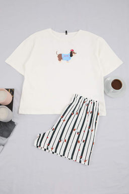 Beyaz-Cok Renkli Kopek Desenli Pamuklu Likral? Yumusak Tuse Orme Pijama Tak?m? THMSS26PT00126