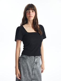 Kare Yaka D?z K?sa Kollu Crop Kad?n Bluz