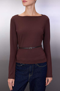 Kahverengi Kemer Detayl? Dik Yaka Uzun Kol Esnek Orme Bluz TWOAW26BZ00084
