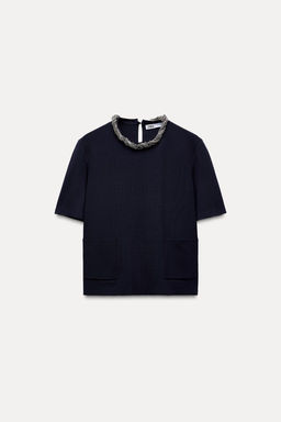 PLAIN KNIT TOP WITH BEADED NECK - Zara фото 5