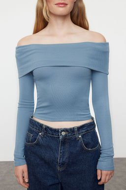 Indigo Carmen Yaka Crop/K?sa Esnek Orme Bluz TWOAW25BZ00008