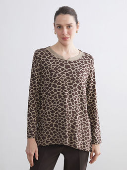 Bisiklet Yaka Leopar Desenli Kad?n Ti??rt