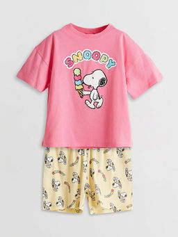 Bisiklet Yaka Snoopy Bask?l? K?z ?ocuk ?ortlu Pijama Tak?m?