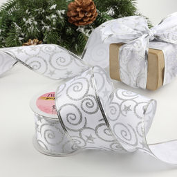 Лента атласная с металлической нитью «Узоры со звездой», 60 мм, 9±0.5 м, цвет белый, серебряный