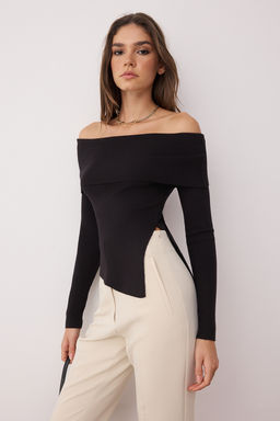 Siyah Premium Iplik/Ozel Iplik Carmen Yaka Triko Kazak TWOAW26KZ00064