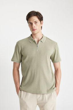 Slim Fit Dar Kesim Fermuarl? K?sa Kollu Polo Tisort