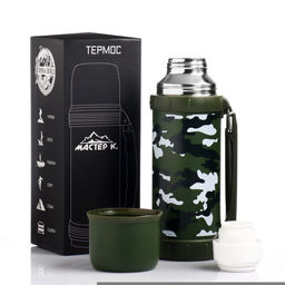 Термос Мастер К Движение, 1.2 л, 11?29 см, с кружкой, сохраняет тепло 18 ч, нержавеющая сталь, зелёный