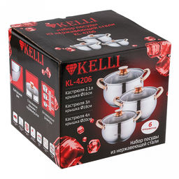 Набор кастрюль из нержавеющей стали Kelli 3 предмета: 2,1л - д16см, 3л - д18см, 4л - д20см, стеклянная жаропрочная крышка, пароотвод, ручки из нержавеющей стали под золото, 5-ти слойное капсульное дно, цветная коробка (Китай) Подходит для всех ви - Домашняя мода фото 2