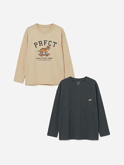 Bisiklet Yaka Bask?l? Uzun Kollu Erkek ?ocuk Ti??rt 2li