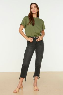 TRENDYOLMILLA Beyaz %100 Pamuk Bisiklet Yaka Oversize/Genis Kal?p Orme T-Shirt TWOSS20TS0134  фото 24