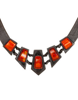 Ожерелье из кожи Амазонка с коньячным янтарём