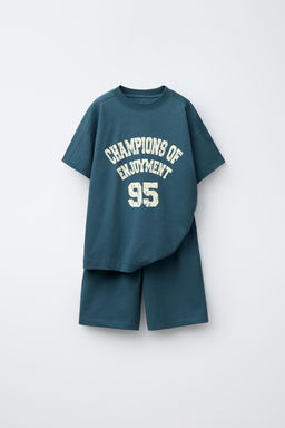 SLOGAN PRINT T-SHIRT AND BERMUDA SHORTS SET