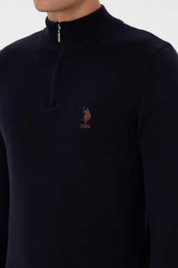 Erkek Slim Fit Yar_m Fermuarl_ Lacivert Kazak