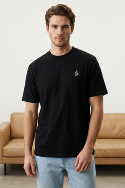 Siyah Regular/Normal Kesim At Nak__ Detayl_ %100 Pamuklu T-Shirt TMNSS24TS00056