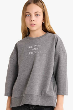 Oversize Geni_ Kal_p Bisiklet Yaka Bask_l_ Sweatshirt K_z _ocuk