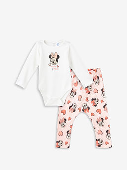 Bisiklet Yaka Uzun Kollu Minnie Mouse Bask?l? K?z Bebek ??t??tl? Body ve Pantolon 2li Tak?m