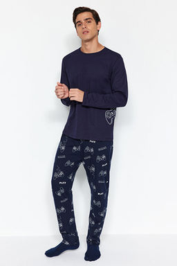 Lacivert Regular Fit Bask_l_ _rme %100 Pamuk Pijama Tak_m_ TMNAW24PT00012