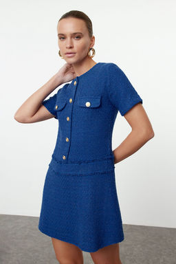 TRENDYOLMILLA Lacivert A Kesim Dugme Detayl? Mini Tuvit Dokuma Elbise TWOAW25EL00168