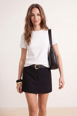 Ekru Regular/Normal Kal_p K_sa Kollu Aksesuar Detayl_ %100 Pamuk _rme T-shirt TWOSS26TS00075