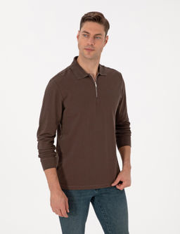 Koyu Kahverengi Slim Fit K_vr_lmaz Fermuarl_ Polo Yaka Basic Pike Sweatshirt - Pierre cardin фото 3