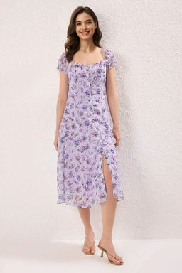 TRENDYOLMILLA Lacivert Cicekli Midi Dokuma Elbise TWOSS25EL00563