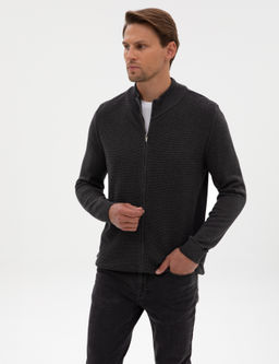 Koyu Antrasit Melanj Slim Fit Fermuarl_ Triko H_rka