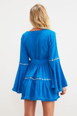 Trendyolmilla Beyaz Dokuma %100 Pamuk Serit Aksesuarl? Mini Plaj Elbisesi TBESS21EL1253 фото 9