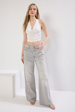 Ekru Boyundan Baglamal? Vucuda Oturan Crop Esnek Orme Bluz TWOSS24BZ00061
