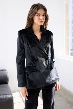 Siyah Kruvaze Regular/Normal Kal?p Dokuma Kadife Blazer Ceket TWOAW26BC00015