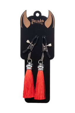 Зажимы на соски Pecado BDSM, Прищепки, с кисточками из шелка, металл, красные