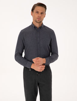 Lacivert Slim Fit Dokulu Uzun Kollu G_mlek