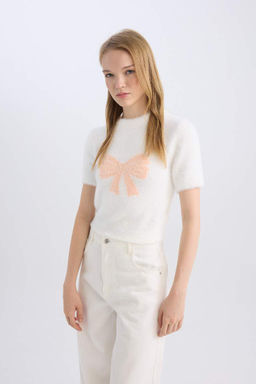 Женский крутой свитер стандартной посадки с лентой и бантом, детальный круглый вырез, короткий рукав, плюшевый трикотаж из пряжи, свитер