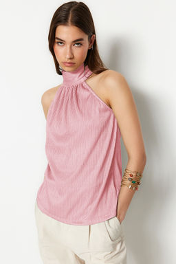 Pembe Regular/Normal Kal?p Dik Yaka Fit Pilise Esnek Orme Bluz TWOSS23BZ00952