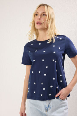 Lacivert Kal?n Pamuklu Varak Y?ld?z Bask?l? Regular/Normal Kal?p Orme T-Shirt TWOSS20TS0757